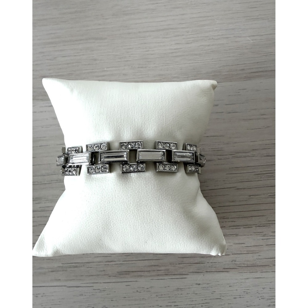 Silver Tone Geometric Crystal Link Bracelet Baguette Round Rhinestone Art Deco